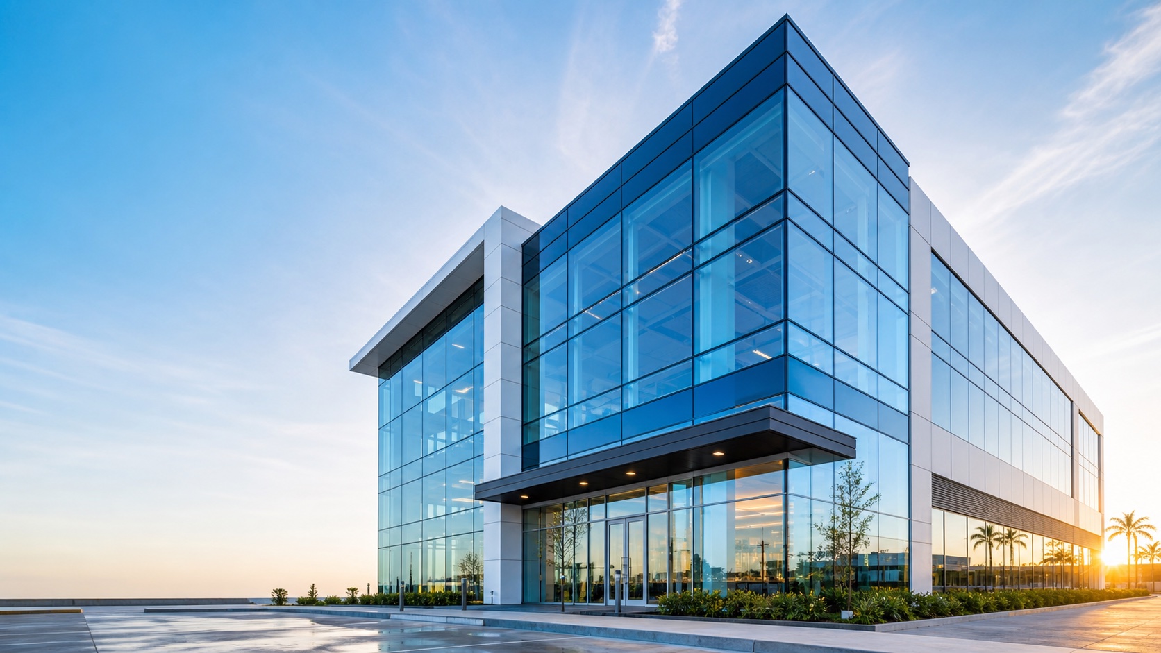 Modern commercial building with a blue glass curtain wall